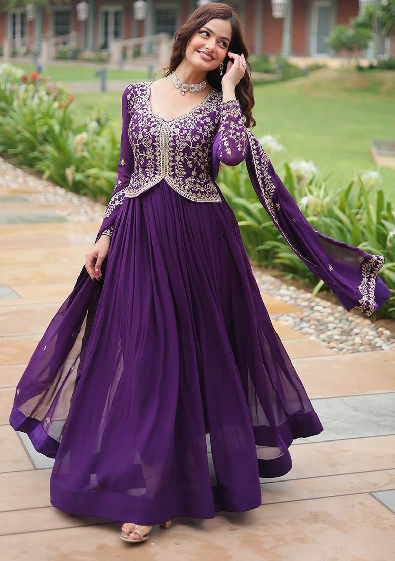 Purple Zari Sequin Embroidered Faux Georgette Kurta Set
