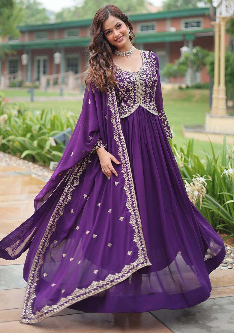 Purple Zari Sequin Embroidered Faux Georgette Kurta Set