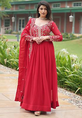 Red Zari Sequin Embroidered Faux Georgette Kurta Set