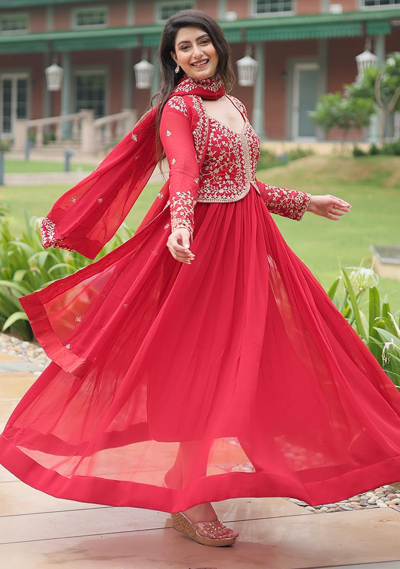 Red Zari Sequin Embroidered Faux Georgette Kurta Set