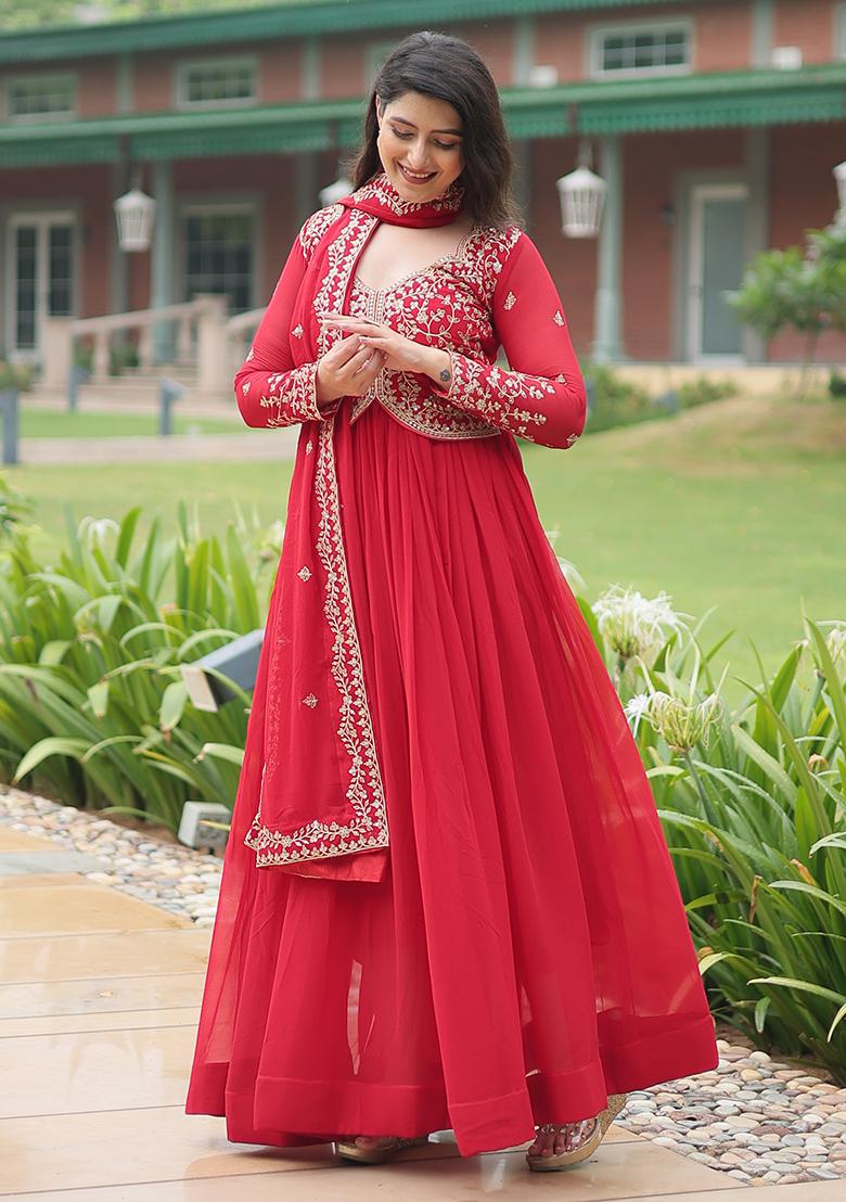 Red Zari Sequin Embroidered Faux Georgette Kurta Set