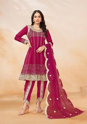 Rani Pink Embroidered Art Silk Kurta Set