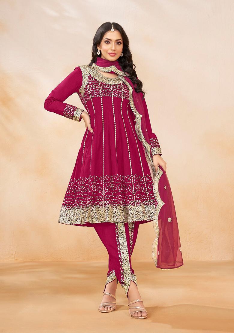 Rani Pink Embroidered Art Silk Kurta Set