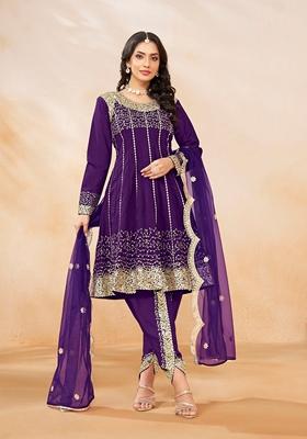 Purple Embroidered Art Silk Kurta Set