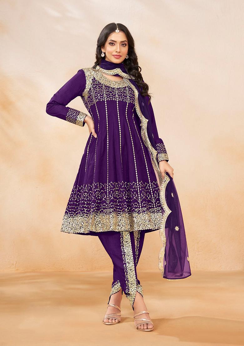 Purple Embroidered Art Silk Kurta Set