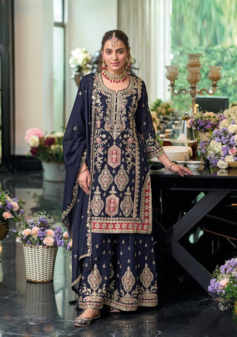 Navy Blue Embroidered Silk Kurta Set