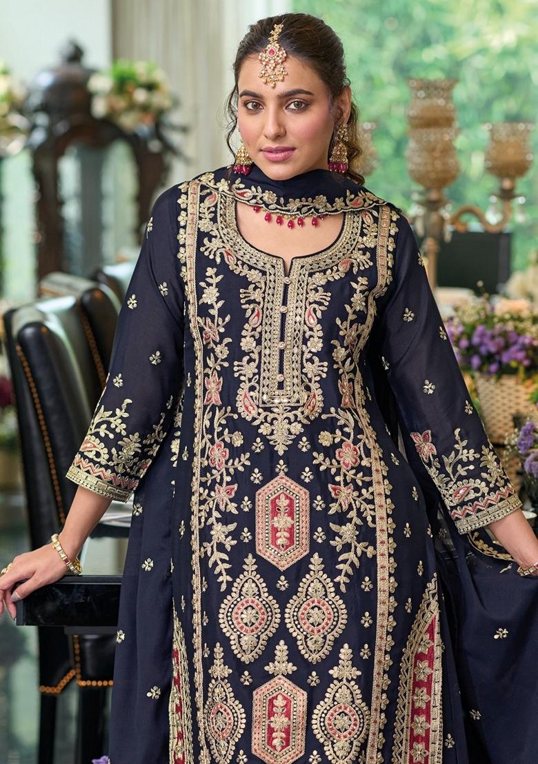Navy Blue Embroidered Silk Kurta Set