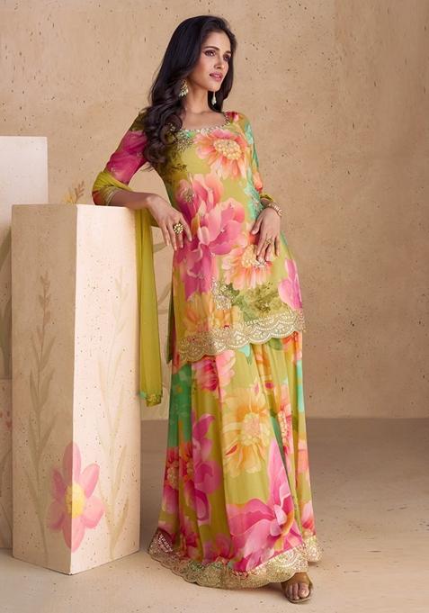 Multicolor Floral Print Silk Pakistani Suit Set — view on Indya