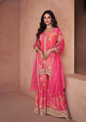 Pink Printed Faux Georgette Kurta Set
