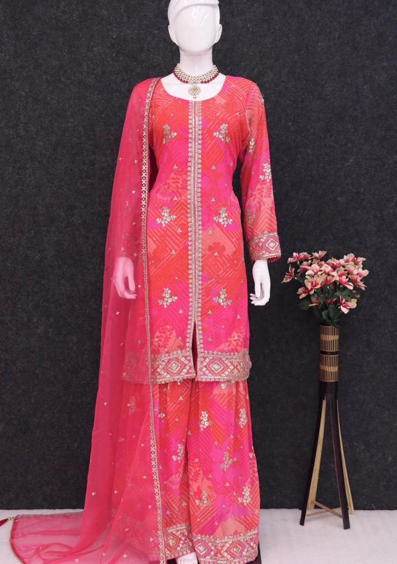 Pink Printed Faux Georgette Kurta Set