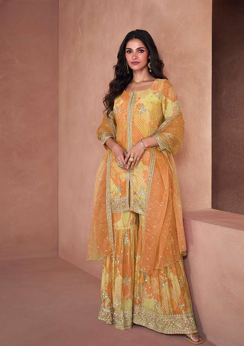 Yellow Printed Faux Georgette Kurta Set - Indya