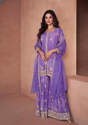 Lavender Printed Faux Georgette Kurta Set