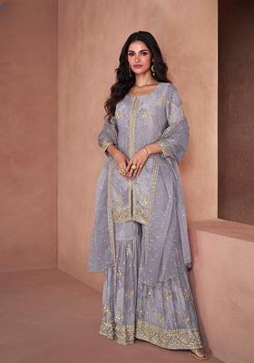 Grey Printed Faux Georgette Kurta Set