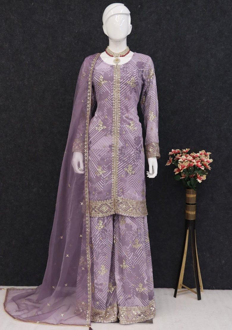 Grey Printed Faux Georgette Kurta Set