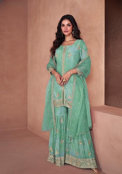 Sky Blue Printed Faux Georgette Kurta Set