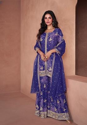 Purple Printed Faux Georgette Kurta Set