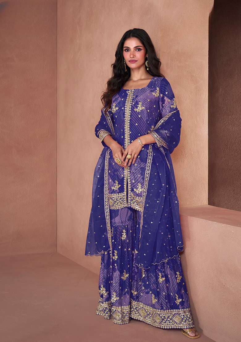 Purple Printed Faux Georgette Kurta Set - Indya