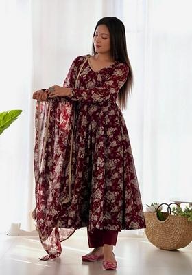 Maroon Printed Soft Organza Silk Anarkali Set