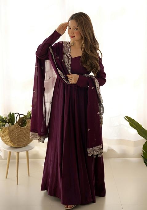 Wine Solid Soft Organza Silk Anarkali Set