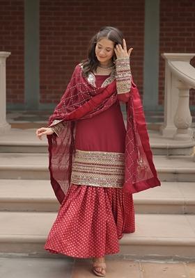 Maroon Embroidered Soft Organza Silk Sharara Set