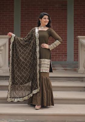 Mehendi Embroidered Soft Organza Silk Sharara Set
