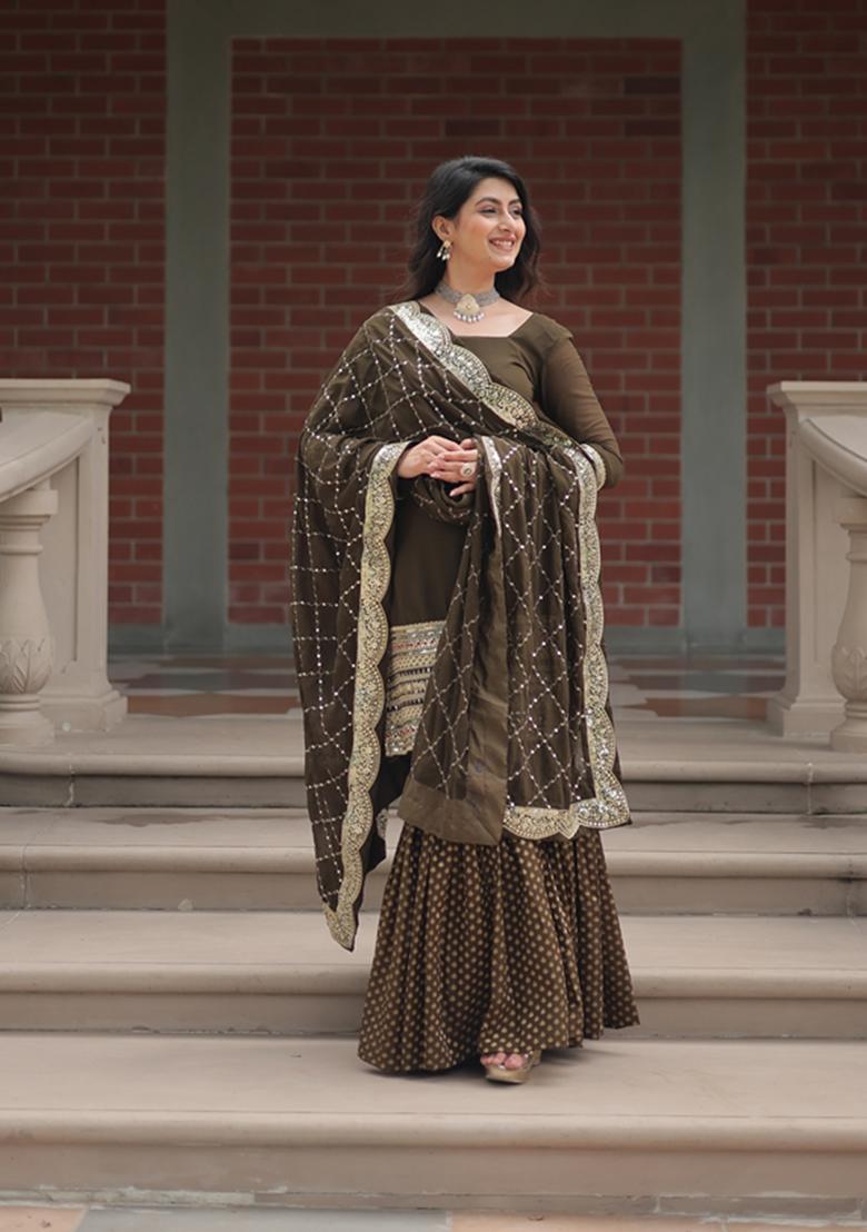 Mehendi Embroidered Soft Organza Silk Sharara Set