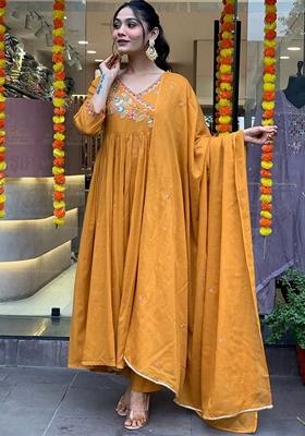 Orange Embroidered Chanderi Viscose Kurta Set