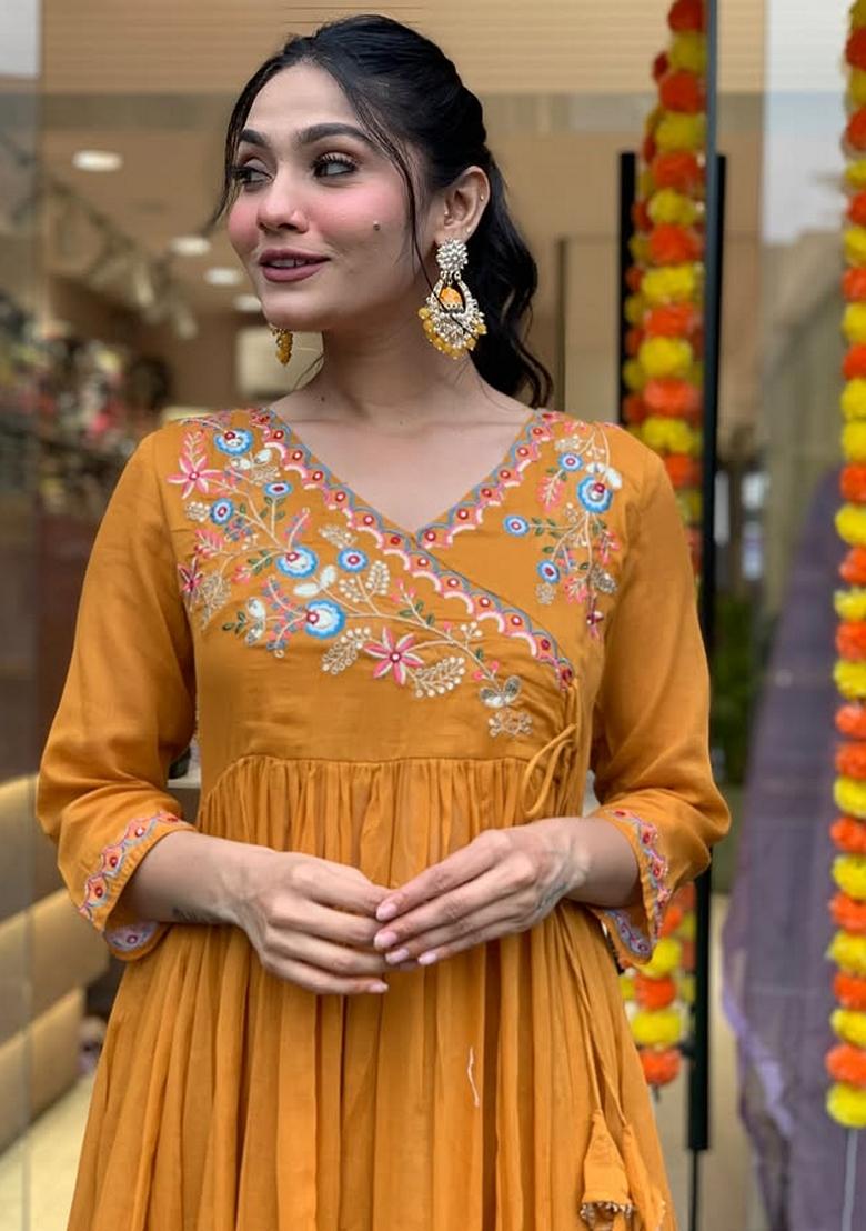 Orange Embroidered Chanderi Viscose Kurta Set