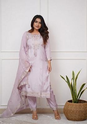 Light Lavender Embroidered Chanderi Viscose Kurta Set