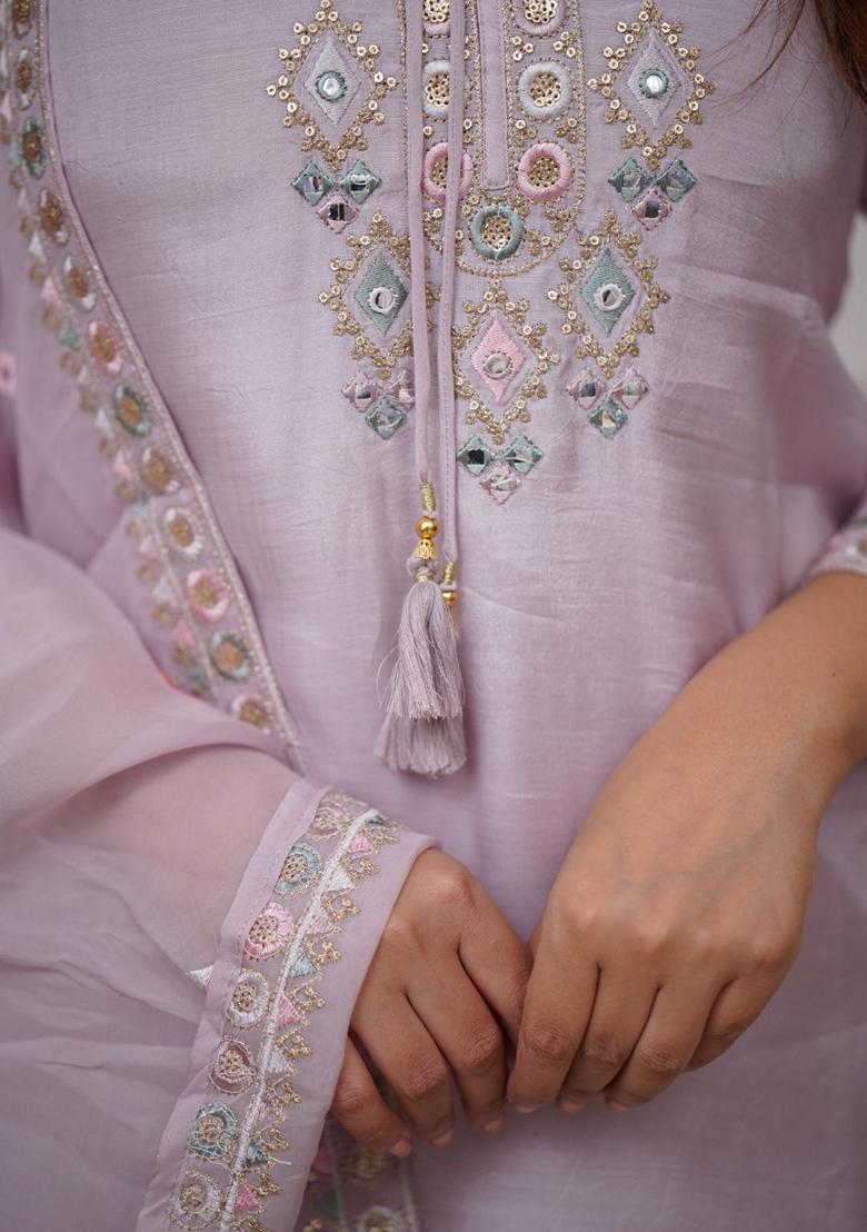 Light Lavender Embroidered Chanderi Viscose Kurta Set