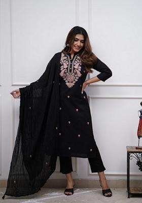 Black Embroidered Chanderi Viscose Kurta Set