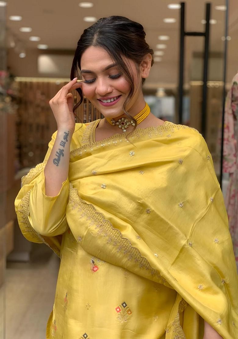 Light Yellow Embroidered Viscose Jacquard Kurta Set