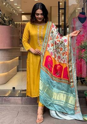 Mustard Embroidered Chanderi Viscose Kurta Set