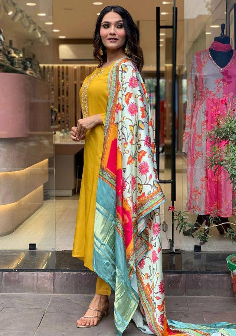 Mustard Embroidered Chanderi Viscose Kurta Set