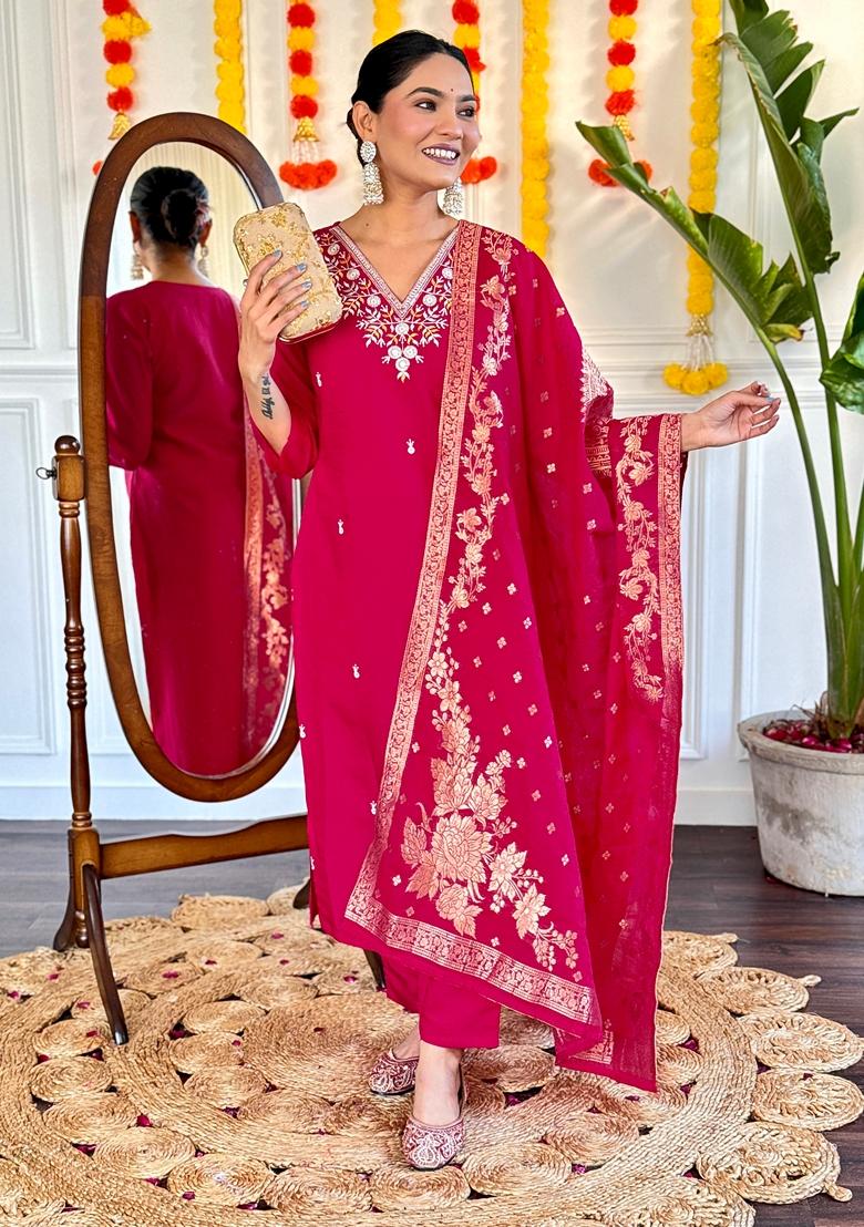 Hot Pink Embroidered Chanderi Viscose Kurta Set
