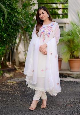 White Embroidered Georgette Kurta Set