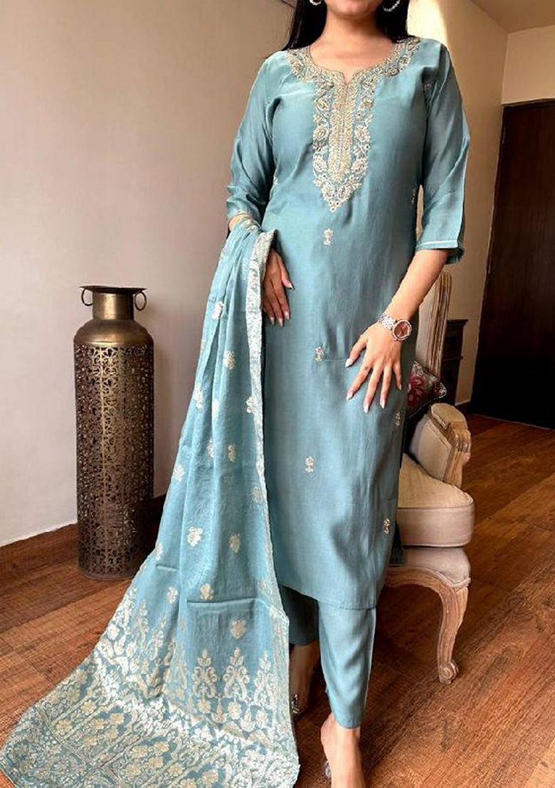 Aqua Blue Embroidered Chanderi Viscose Kurta Set