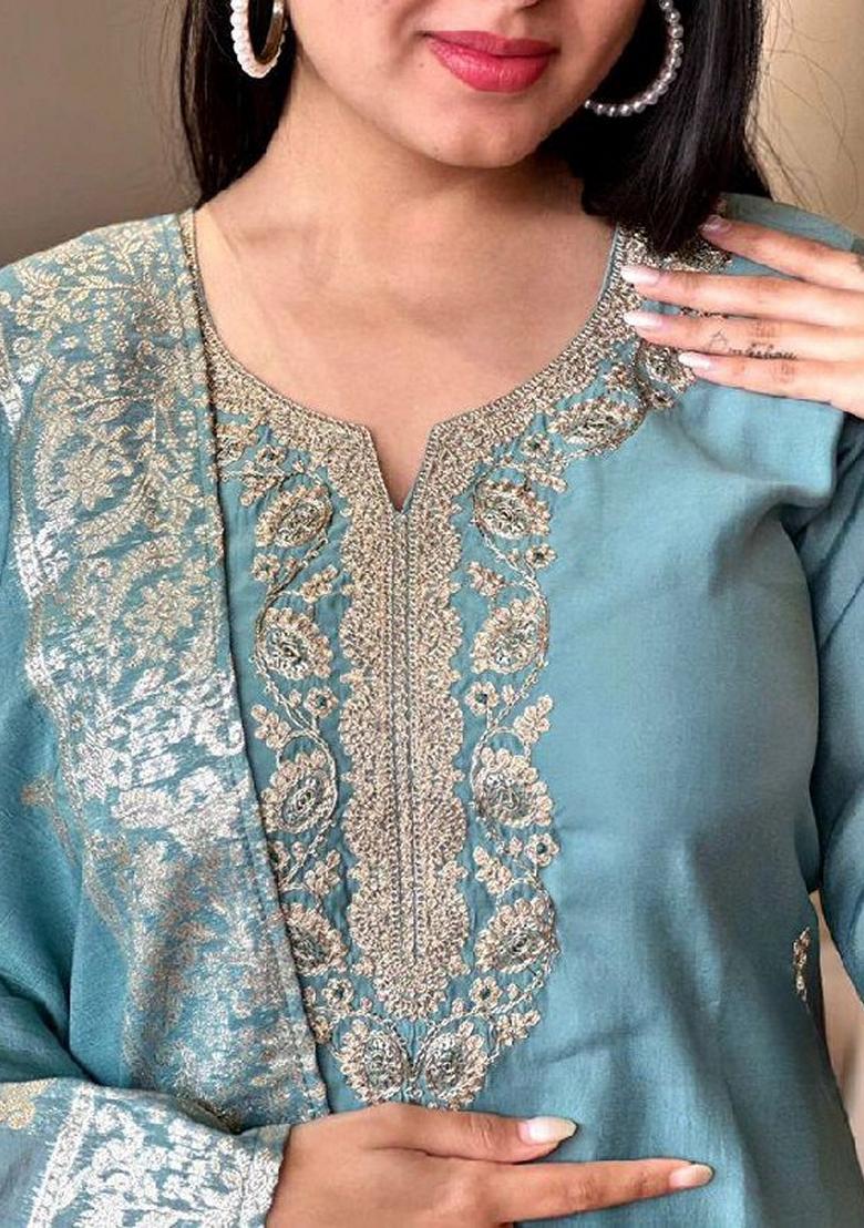 Aqua Blue Embroidered Chanderi Viscose Kurta Set