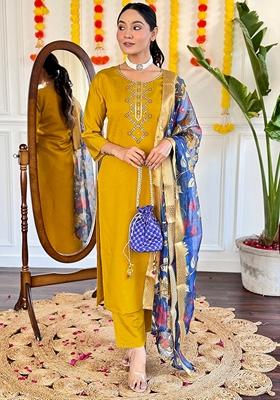 Mustard Embroidered Chanderi Viscose Kurta Set