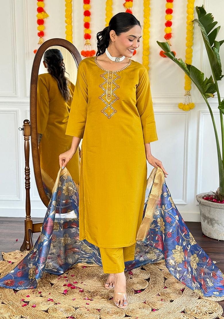 Mustard Embroidered Chanderi Viscose Kurta Set