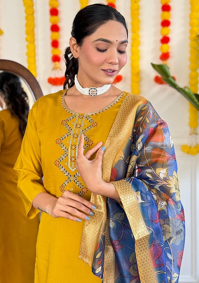 Mustard Embroidered Chanderi Viscose Kurta Set