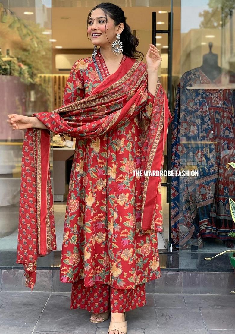 Red Embroidered Cotton Kurta Set