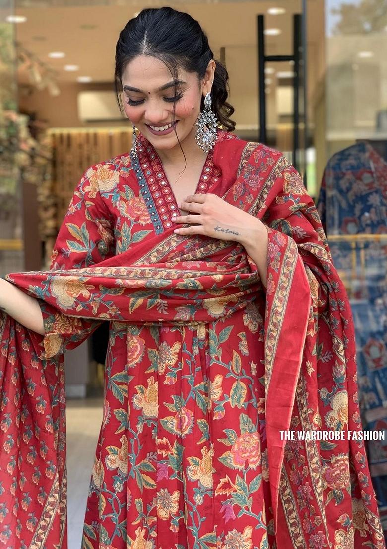 Red Embroidered Cotton Kurta Set