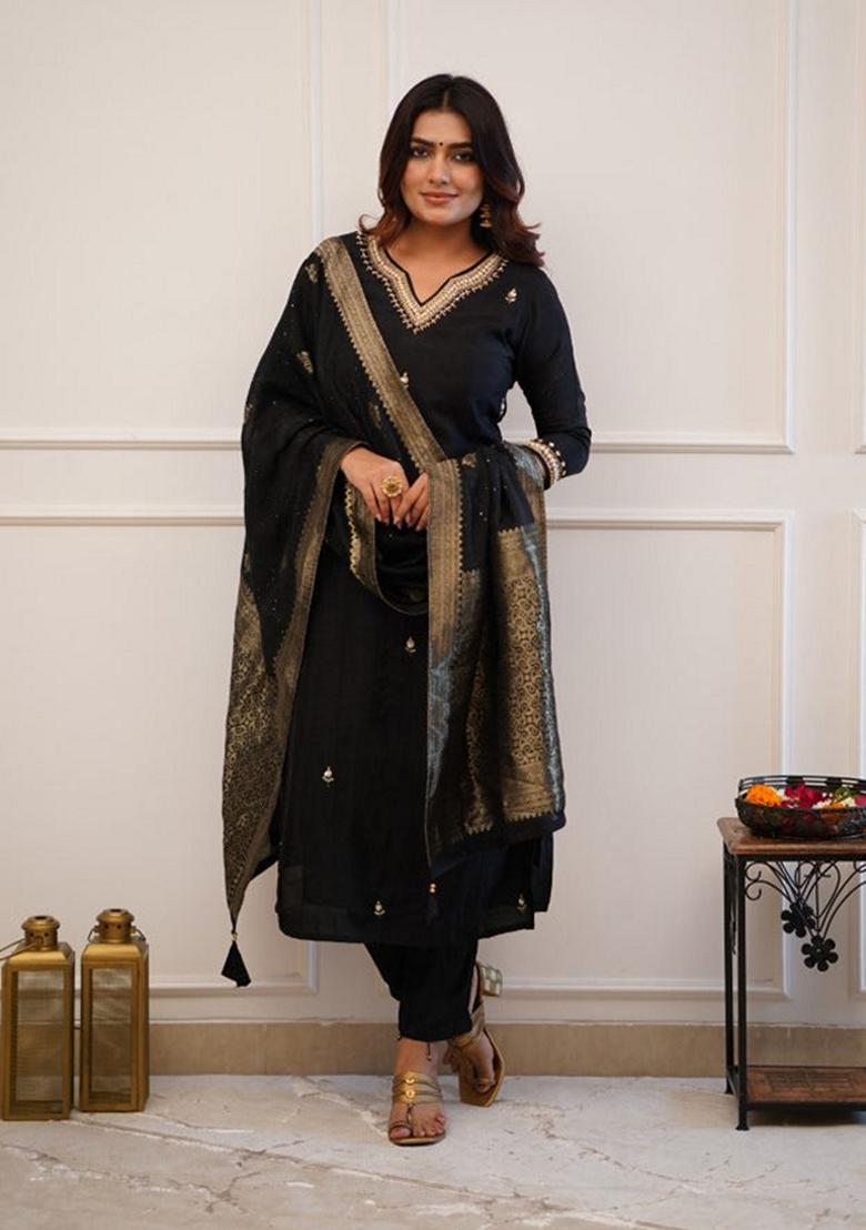 Black Embroidered Chanderi Viscose Kurta Set
