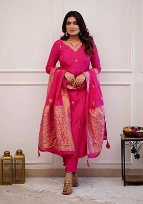 Rani Pink Embroidered Chanderi Viscose Kurta Set