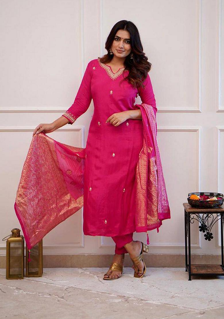 Rani Pink Embroidered Chanderi Viscose Kurta Set