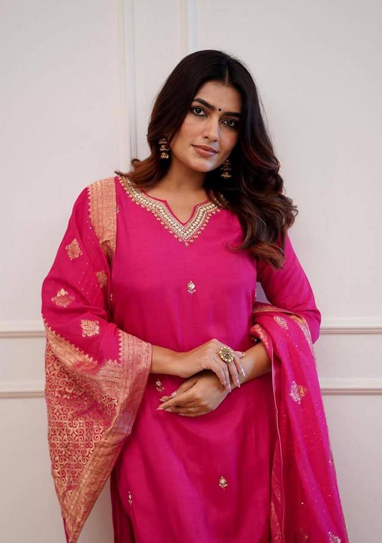 Rani Pink Embroidered Chanderi Viscose Kurta Set