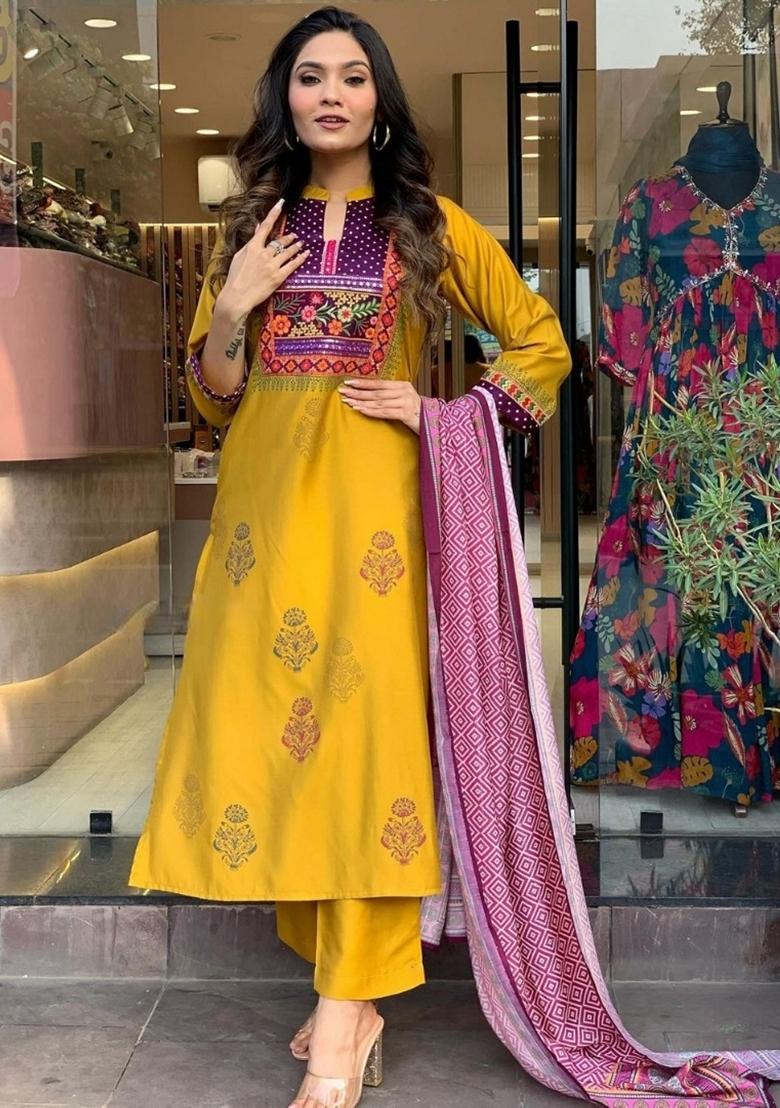 Mustard Embroidered Muslin Kurta Set