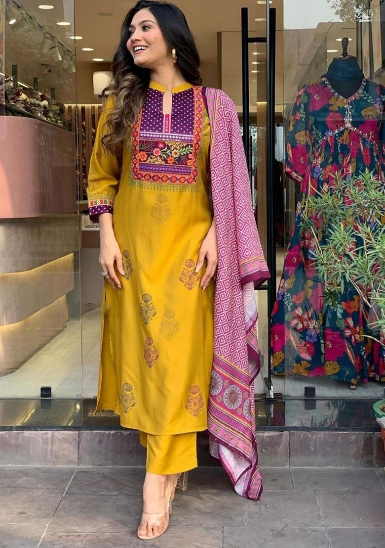 Mustard Embroidered Muslin Kurta Set