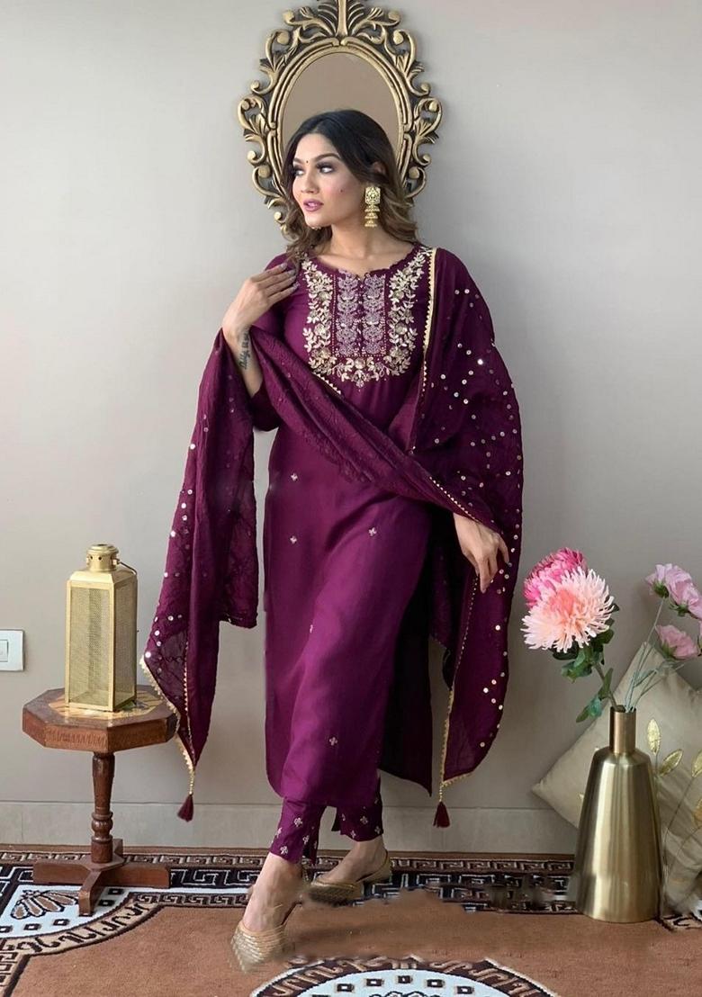 Dark Purple Embroidered Rayon Kurta Set